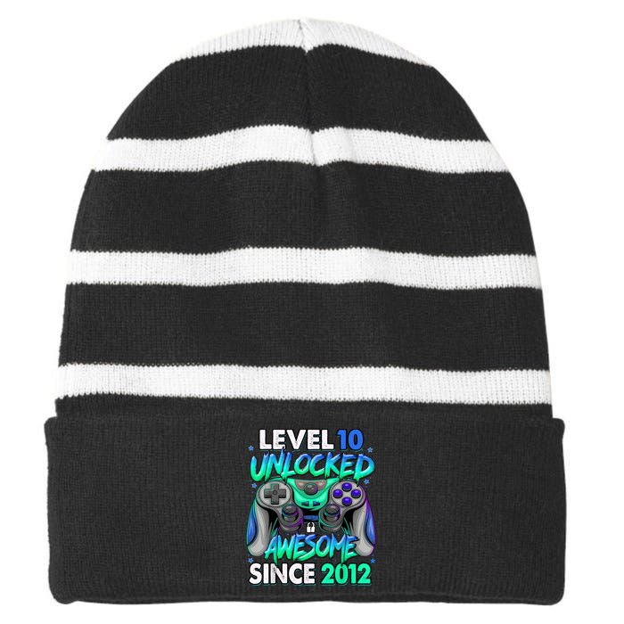 Level 10 Unlocked Awesome Since 2012 10th Birthday Gaming Striped Beanie with Solid Band