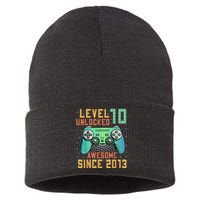 Level 10 Unlocked 10th Birthday 10 Year Old Boy Gamer Bday Sustainable Knit Beanie