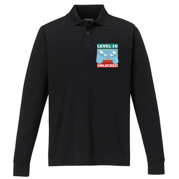 Level 16 Unlocked Gaming Retro Performance Long Sleeve Polo