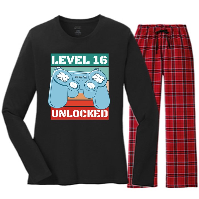 Level 16 Unlocked Gaming Retro Women's Long Sleeve Flannel Pajama Set 