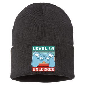 Level 16 Unlocked Gaming Retro Sustainable Knit Beanie