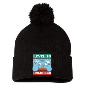 Level 16 Unlocked Gaming Retro Pom Pom 12in Knit Beanie