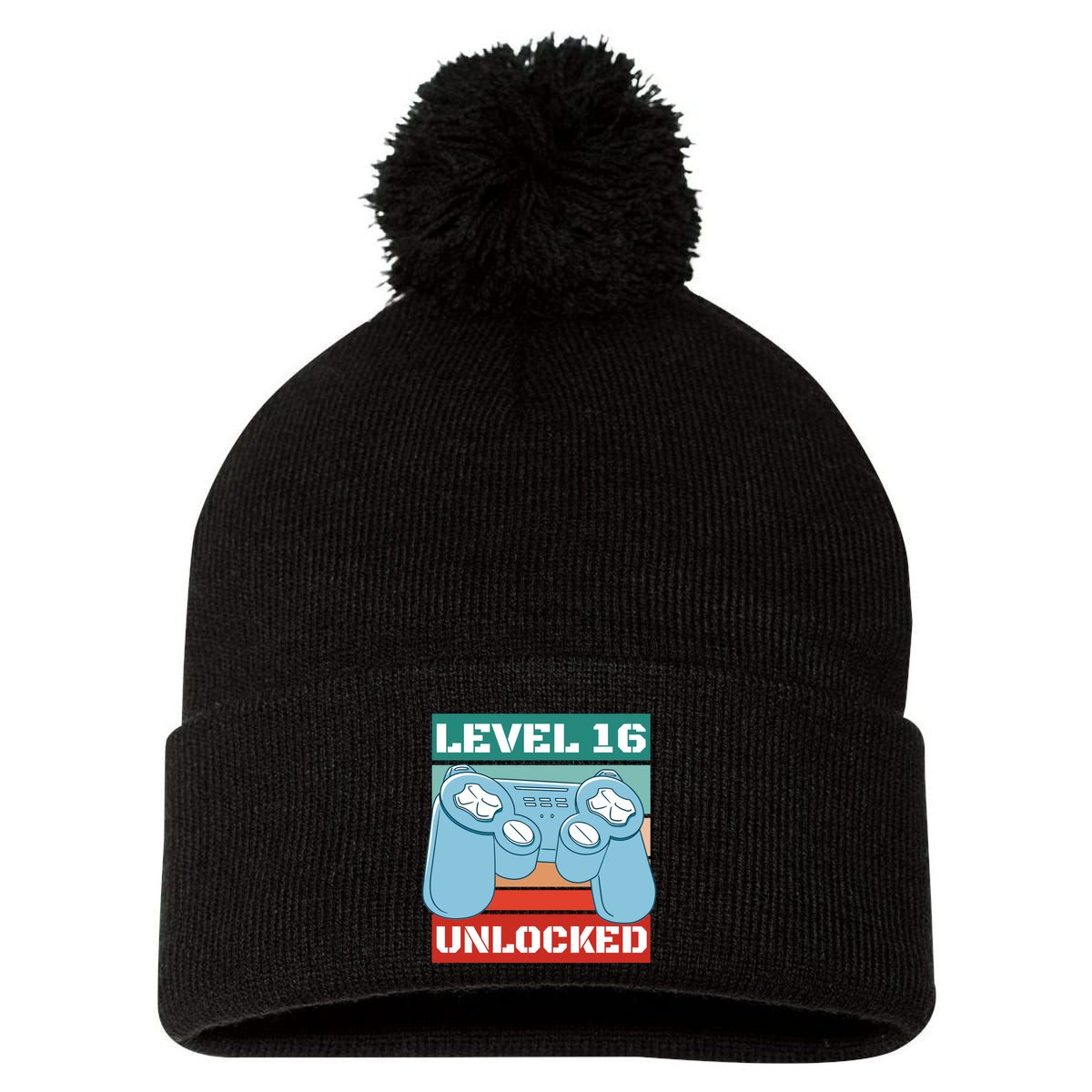 Level 16 Unlocked Gaming Retro Pom Pom 12in Knit Beanie