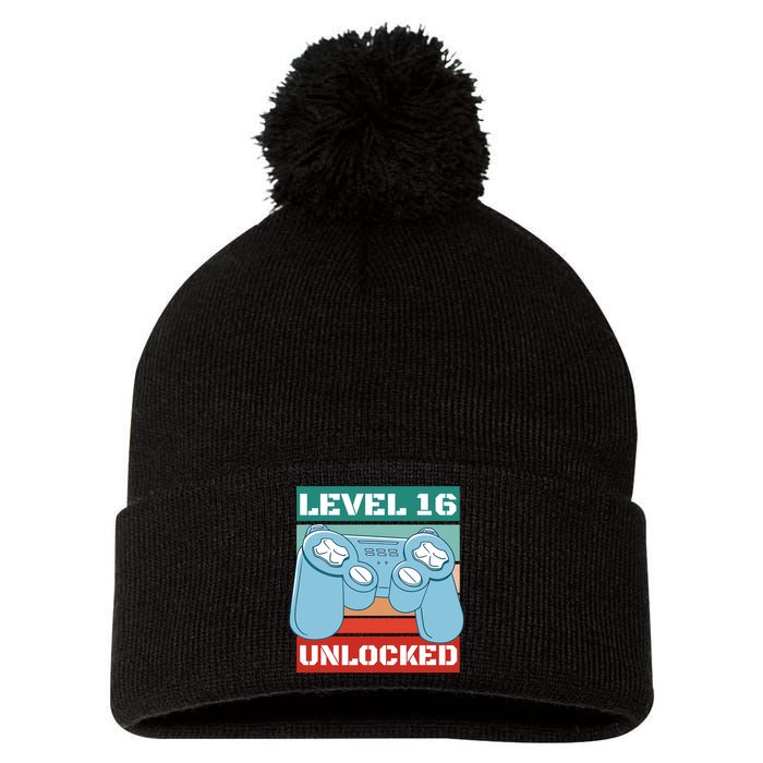 Level 16 Unlocked Gaming Retro Pom Pom 12in Knit Beanie