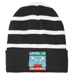 Level 16 Unlocked Gaming Retro Striped Beanie with Solid Band