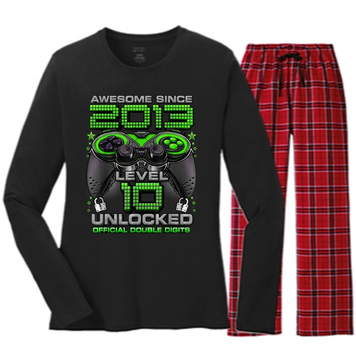 Level 10 Unlocked Awesome Since 2013 10th Birthday Gaming Women's Long Sleeve Flannel Pajama Set 