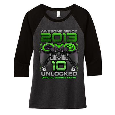 Level 10 Unlocked Awesome Since 2013 10th Birthday Gaming Women's Tri-Blend 3/4-Sleeve Raglan Shirt