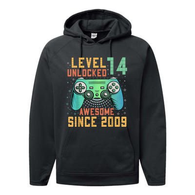 Level 14 Unlocked 14th Birthday 14 Year Old Boy Gamer Bday Performance Fleece Hoodie