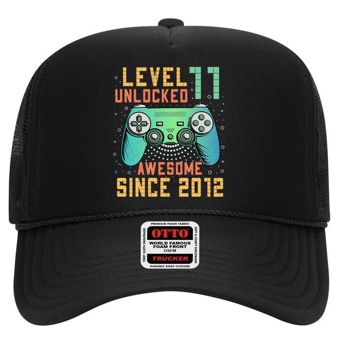 Level 11 Unlocked 11th Birthday 11 Year Old Boy Gifts Gamer High Crown Mesh Back Trucker Hat