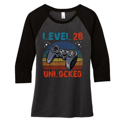 Level 28 Unlocked Video Gamer 28th Birthday Gifts Women's Tri-Blend 3/4-Sleeve Raglan Shirt