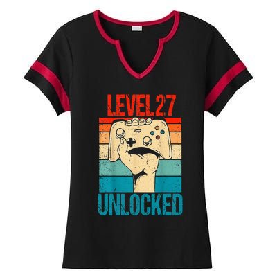 Level 27 Unlocked 27 Birthday 27 Year Old Gifts Gamer Ladies Halftime Notch Neck Tee