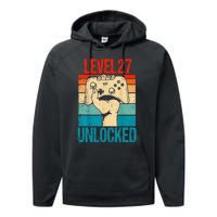 Level 27 Unlocked 27 Birthday 27 Year Old Gifts Gamer Performance Fleece Hoodie