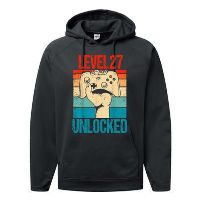 Level 27 Unlocked 27 Birthday 27 Year Old Gifts Gamer Performance Fleece Hoodie