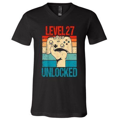 Level 27 Unlocked 27 Birthday 27 Year Old Gifts Gamer V-Neck T-Shirt