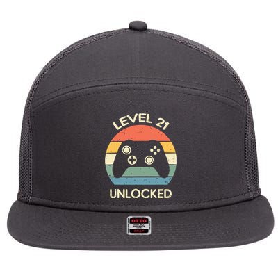 Level 21 Unlocked 21st Gaming Birthday Controller Gamer Gift 7 Panel Mesh Trucker Snapback Hat