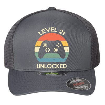 Level 21 Unlocked 21st Gaming Birthday Controller Gamer Gift Flexfit Unipanel Trucker Cap