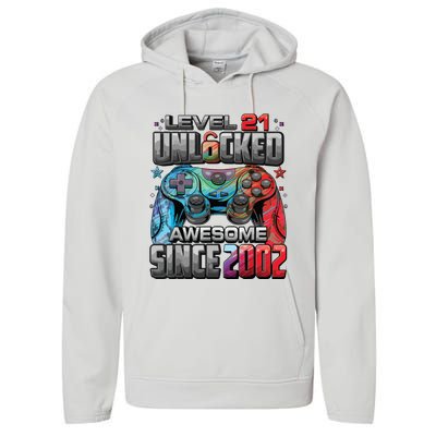 Level 21 Unlocked Awesome Since 2002 21st Birthday Gaming Performance Fleece Hoodie