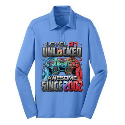 Level 21 Unlocked Awesome Since 2002 21st Birthday Gaming Silk Touch Performance Long Sleeve Polo