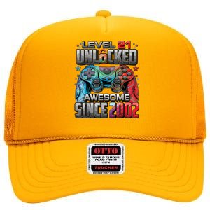 Level 21 Unlocked Awesome Since 2002 21st Birthday Gaming High Crown Mesh Back Trucker Hat