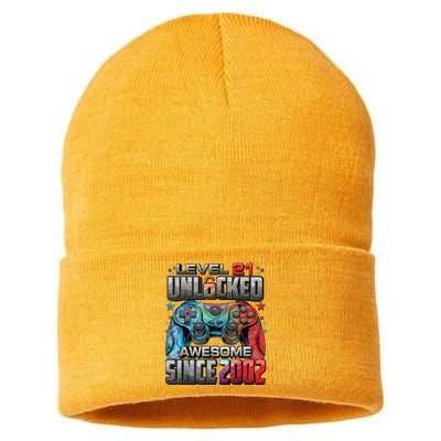 Level 21 Unlocked Awesome Since 2002 21st Birthday Gaming Sustainable Knit Beanie