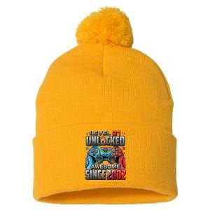 Level 21 Unlocked Awesome Since 2002 21st Birthday Gaming Pom Pom 12in Knit Beanie