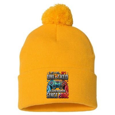 Level 21 Unlocked Awesome Since 2002 21st Birthday Gaming Pom Pom 12in Knit Beanie