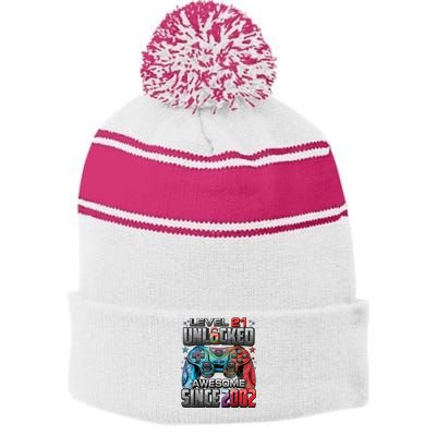 Level 21 Unlocked Awesome Since 2002 21st Birthday Gaming Stripe Pom Pom Beanie