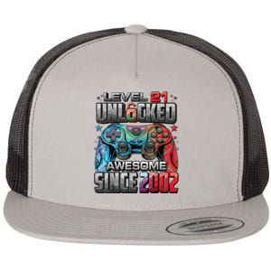 Level 21 Unlocked Awesome Since 2002 21st Birthday Gaming Flat Bill Trucker Hat