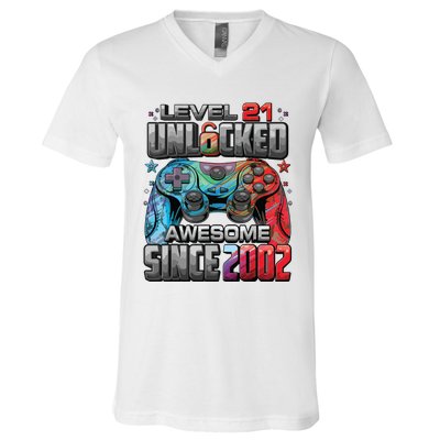 Level 21 Unlocked Awesome Since 2002 21st Birthday Gaming V-Neck T-Shirt