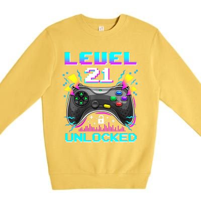 Level 21 Unlocked 21st Birthday Video Game Gift Birthday Gaming Premium Crewneck Sweatshirt