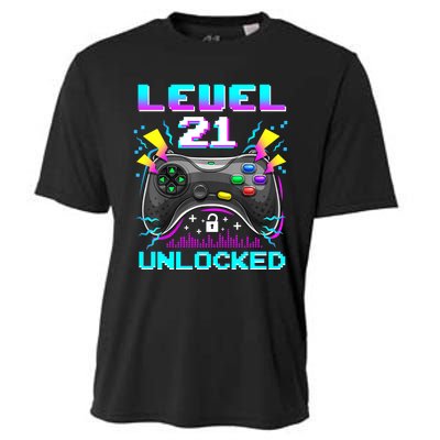 Level 21 Unlocked 21st Birthday Video Game Gift Birthday Gaming Cooling Performance Crew T-Shirt