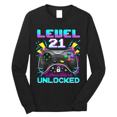 Level 21 Unlocked 21st Birthday Video Game Gift Birthday Gaming Long Sleeve Shirt