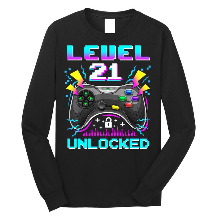 Level 21 Unlocked 21st Birthday Video Game Gift Birthday Gaming Long Sleeve Shirt