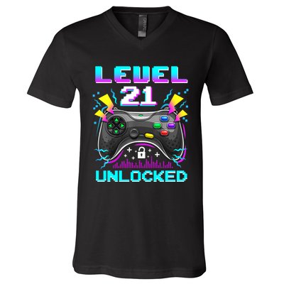 Level 21 Unlocked 21st Birthday Video Game Gift Birthday Gaming V-Neck T-Shirt