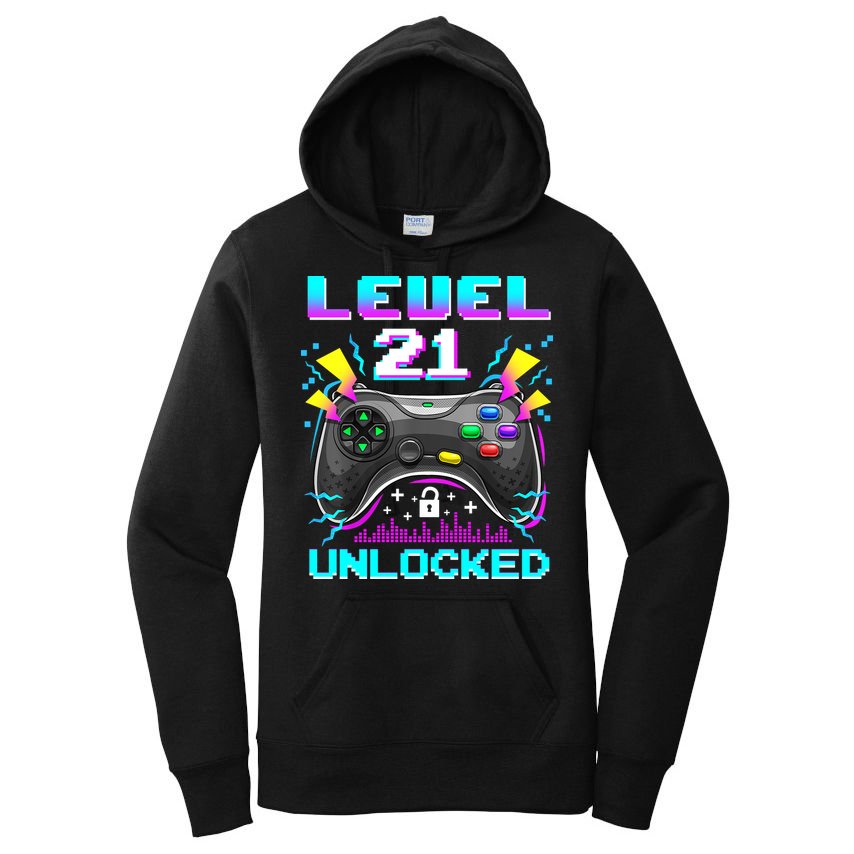Level 21 Unlocked 21st Birthday Video Game Gift Birthday Gaming Women's Pullover Hoodie