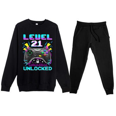 Level 21 Unlocked 21st Birthday Video Game Gift Birthday Gaming Premium Crewneck Sweatsuit Set