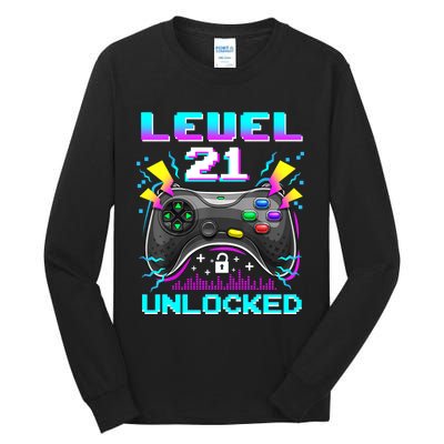 Level 21 Unlocked 21st Birthday Video Game Gift Birthday Gaming Tall Long Sleeve T-Shirt