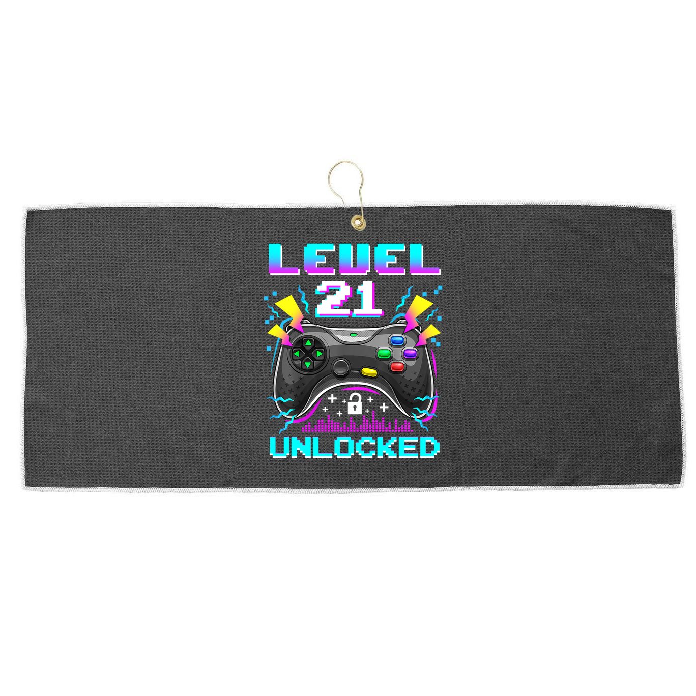 Level 21 Unlocked 21st Birthday Video Game Gift Birthday Gaming Large Microfiber Waffle Golf Towel