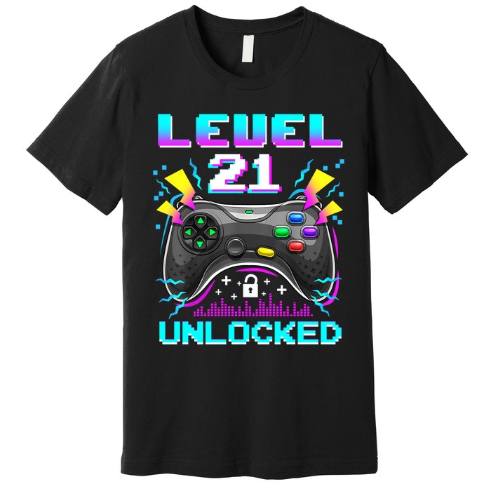 Level 21 Unlocked 21st Birthday Video Game Gift Birthday Gaming Premium T-Shirt