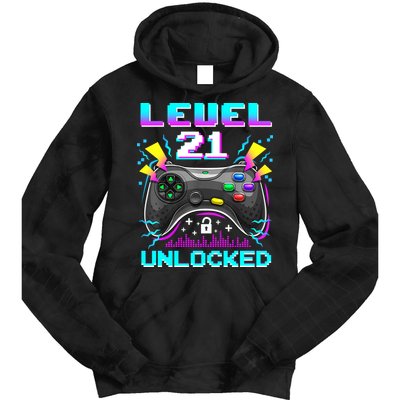 Level 21 Unlocked 21st Birthday Video Game Gift Birthday Gaming Tie Dye Hoodie