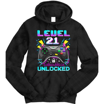 Level 21 Unlocked 21st Birthday Video Game Gift Birthday Gaming Tie Dye Hoodie