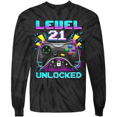 Level 21 Unlocked 21st Birthday Video Game Gift Birthday Gaming Tie-Dye Long Sleeve Shirt