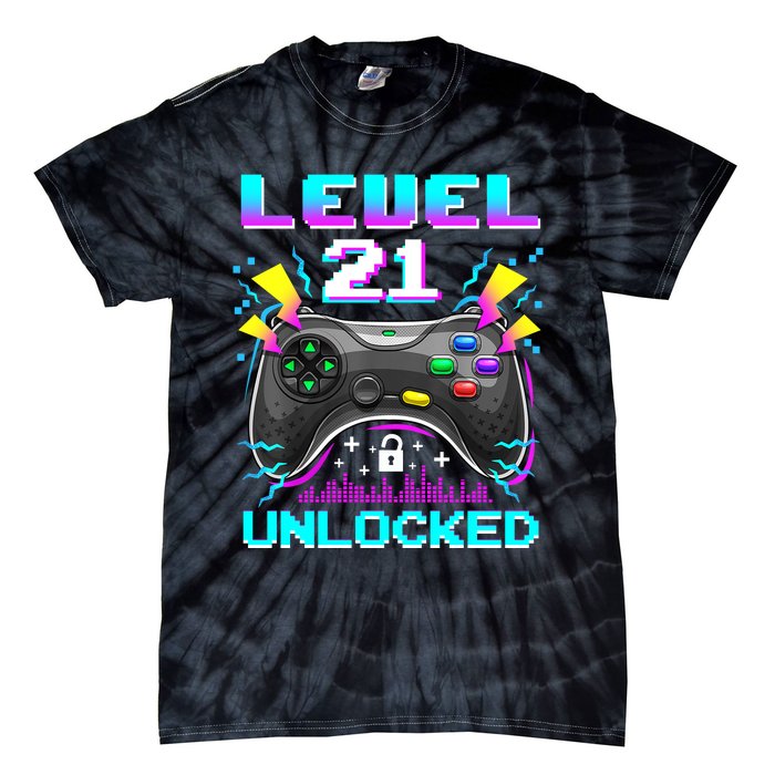 Level 21 Unlocked 21st Birthday Video Game Gift Birthday Gaming Tie-Dye T-Shirt