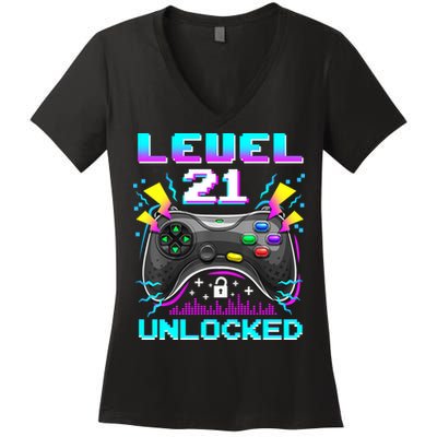 Level 21 Unlocked 21st Birthday Video Game Gift Birthday Gaming Women's V-Neck T-Shirt