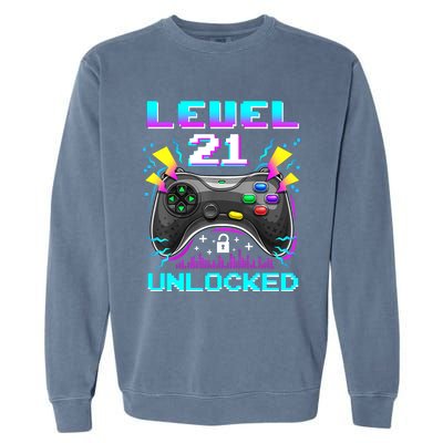 Level 21 Unlocked 21st Birthday Video Game Gift Birthday Gaming Garment-Dyed Sweatshirt