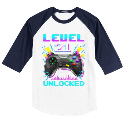 Level 21 Unlocked 21st Birthday Video Game Gift Birthday Gaming Baseball Sleeve Shirt