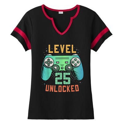 Level 25 Unlocked 25th Birthday Gamer Gifts 25 Year Old Male Ladies Halftime Notch Neck Tee