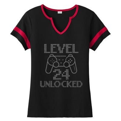 Level 24 Unlocked Gamer Birthday 24th Gaming Legend Ladies Halftime Notch Neck Tee