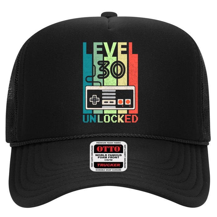 Level 30 Unlocked Video Gamer 30th Birthday Gifts High Crown Mesh Back Trucker Hat