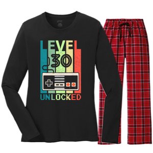 Level 30 Unlocked Video Gamer 30th Birthday Gifts Women's Long Sleeve Flannel Pajama Set 